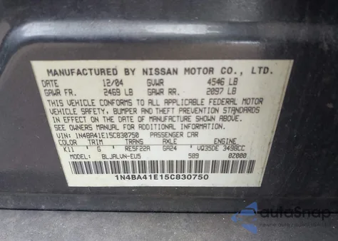 2005 Nissan Maxima 3.5 Sl z USA, uszkodzony, nr VIN 1N4BA41E15C830750